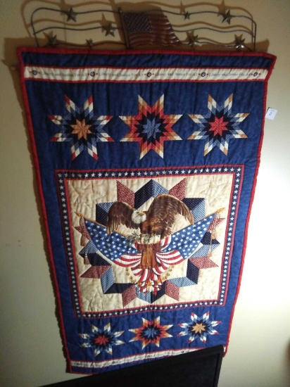 Very Nice Quilted Wall Hanging with Eagle, American Flag, Army Motif with Hanger