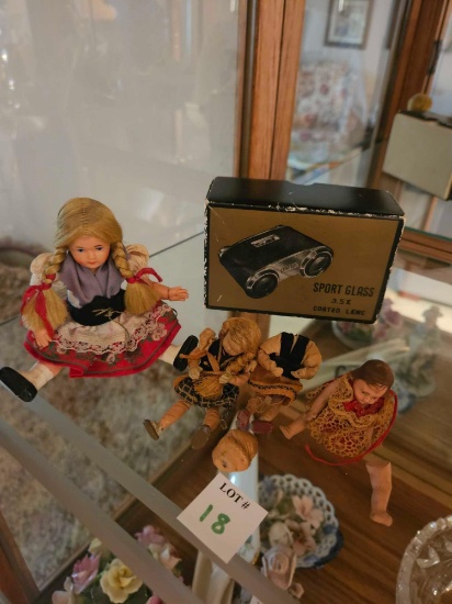 Very old mini dolls and vintage Japanese Sport Glass binoculars