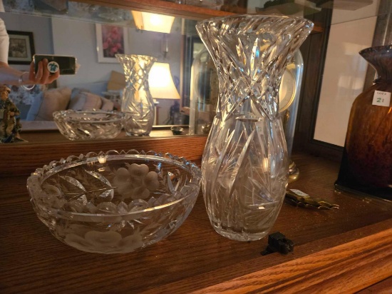 Heavy antique wheel etched crystal bowl and vase