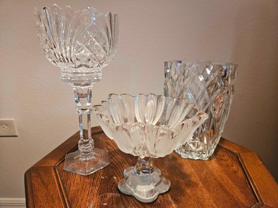 3 pieces heavy crystal compotes and vase