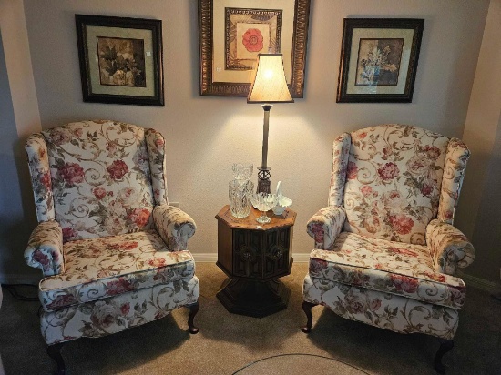 Matching pair of Pioneer furniture wingback upholstered parlor chairs