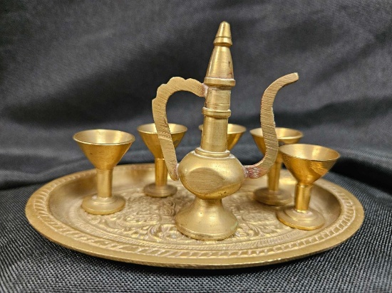 Vintage Brass Ewer and Goblet Set Miniature