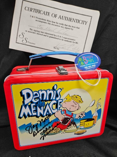 Tagged New Dennis the Menace Vintage Metal Lunch box, signed by Jay north with COA