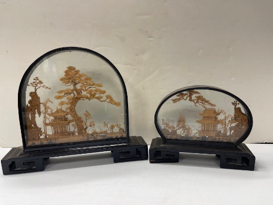 Pair of Vintage Heritage Industries Oval Black Lacquer Fuzhou Asian Cork Dioramas (