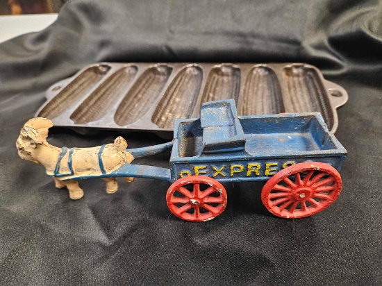 WAGNER KRUSTY CORN KOBS JUNIOR AND CAST IRON TOY,GOAT PULLING WAGON