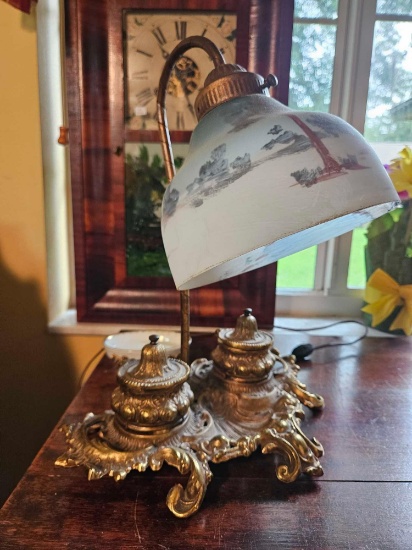 Vintage Reverse Painted Double Inkwell Brass Lamp