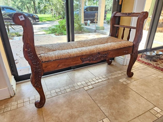 HAND CARVED WOOD BENCH, RUSH SEAT