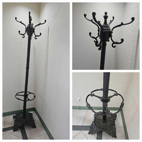 ANTIQUE STYLE BEEFY CAST IRON HALL TREE HAT RACK / UMBRELLA STAND , SOLID!