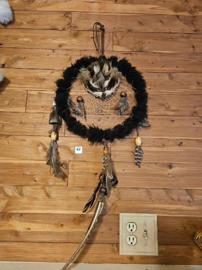 NATIVE AMERICAN STRETCHED RACOON HIDE DREAM CATCHER, BEADED FEATHERED