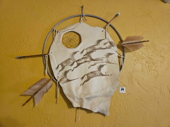 STRETCHED HIDE Signed DREAM CATCHER, "DANCING PONIES" by TOM GRAY ELK ...