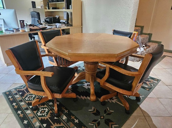 Wonderful Oak Gaming table with removable top and set of 4 solid padded oak adjustable chairs with