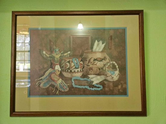 "Ceremonial Moccasins" by artist M. McCuistion, framed under glass
