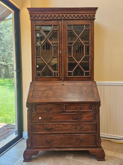 GRAND FRENCH EMPIRE STYLE DROP FRONT SECRETARY WITH BOOKCASE, BEVELED GLASS PANES