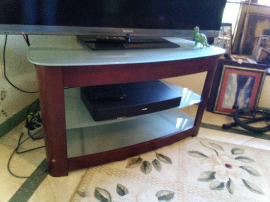 NICE TEMPERED GLASS THREE LEVEL TV STAND WITH WOOD FRAME