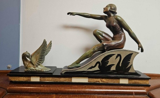 Vintage Art Deco Bronze on marble Lady Dancer with swans