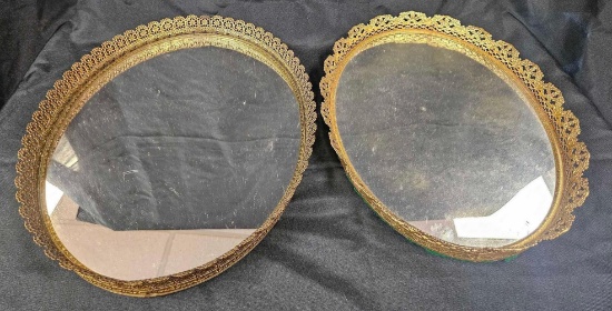 (2) Vintage Vanity Mirror Trays, goldtone, MCM