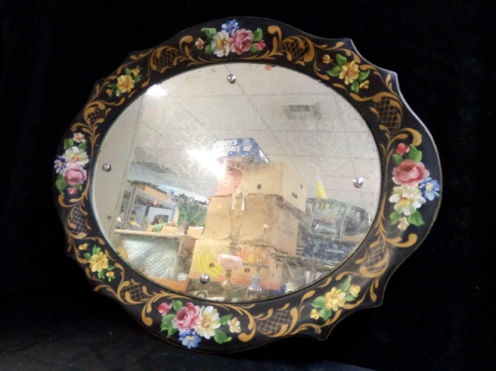 BEAUTIFUL HAND-PAINTED BLACK TOLE TRAY WITH MIRRORED CENTER, WALL ATTACHMENTS
