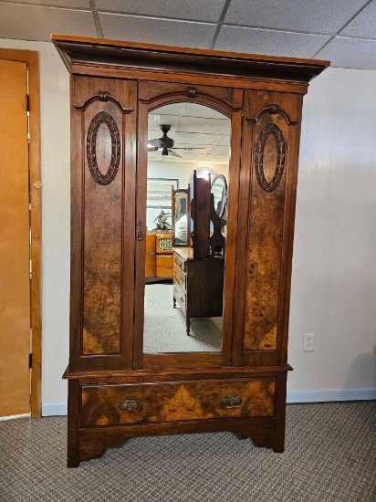 ANTIQUE VICTORIAN WAKEFIELD, ARMOIRE CABINET, with Burlwood accents