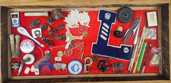 COLECTIBLES CONTENTS OF DISPLAY CASE including pins, patches, metal wares, more