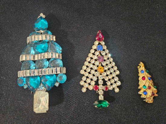 (3) Rhinestone Christmas Tree Holiday pins including MONET