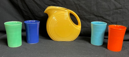 5 PC FIESTAWARE SET: YELLOW DISC PITCHER WITH (4) MULTICOLORED TUMBLERS