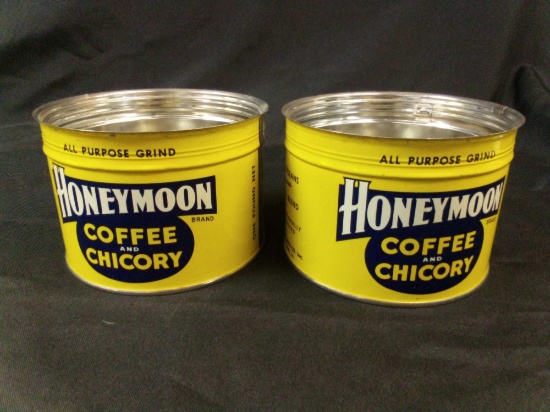 (2) VINTAGE HONEYMOON COFFEE TINS, UNSEALED PROMO FROM FACTORY WITH KEY