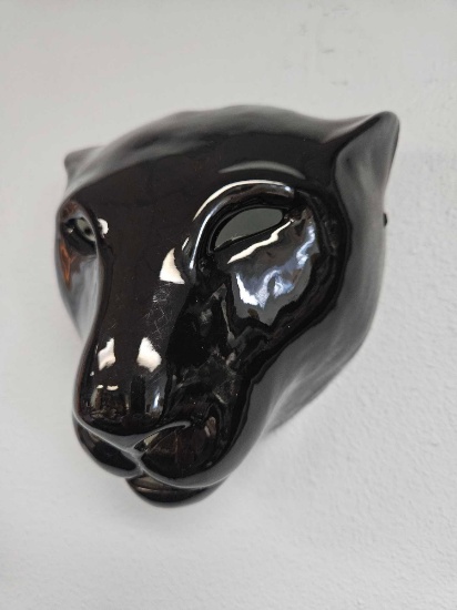 Vintage 1982 Signed Ceramic BLACK PANTHER Cat Decorative Mask Signed Camin