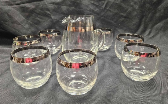 8 pc MCM Dorothy Thorpe Style Silver Trimmed Vtg Cocktail Pitcher & 7 Roly Poly Glasses