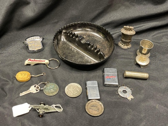 Vintage ashtray full of metal goodies - CHEVY ZIPPO, SHRADER TIRE PRESSURE GAUGE, TABLETOP LIGHTER