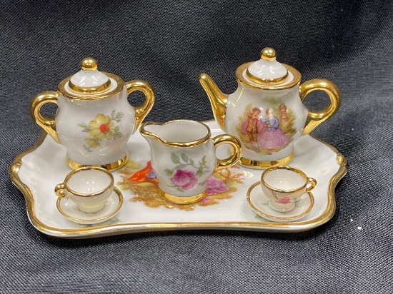 Vintage Limoges France, Porcelain Dollhouse Miniature Tea Set, Gold Trim