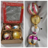 (4) Vintage Glass Christmas Ornaments Poland Hand Painted Blown Glass, Original Box
