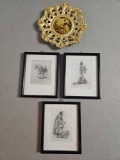 Trio of Paul Geissler Petite Pictures of Engraving and VINTAGE? BRASS WALL HANGING ENCLOSED