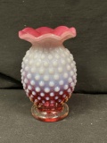 Fenton Hobnail Vase Cranberry to White & Pink Ruffled Top Opalescent