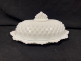 Vintage Fenton Art Glass White Hobnail Milk Glass Oval Scalloped Rim Covered Butter Stick Dish