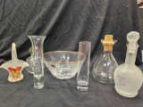 Glass group including Gold rim Royal Crystal Rock serving bowl, vases, carafes,