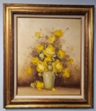 BEAUTIFUL ALBERT SHORISSE LARGE FRAMED OIL ON CANVAS PAINTING ON CANVAS,YELLOW ROSES, SIGNED