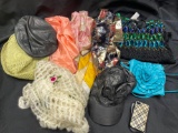 Ladies hat scarves purse, including leather newsboy.
