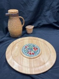 Wood and ceramic serving tray, Nantucket basket, candle holder and coffee karafe