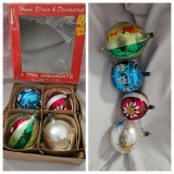 (4) Vintage Glass Christmas Ornaments Poland Hand Painted Blown Glass, Original Box