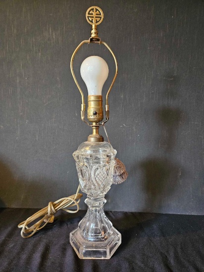 EAPG Pressed Glass Hearts Electrified Oil Lamp, with finial