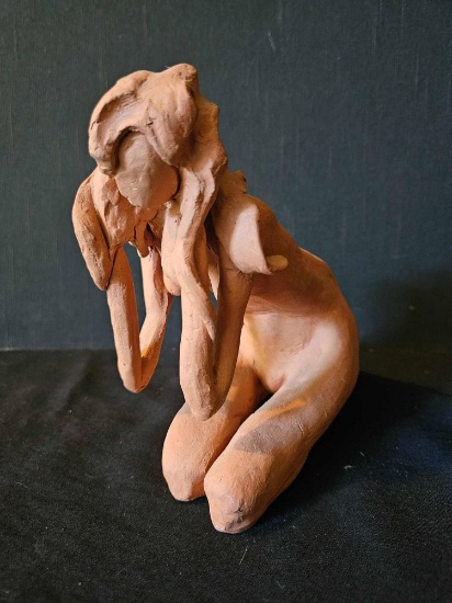 INTRIGUING CLAY SCULPTURE WOMAN signed ILENE