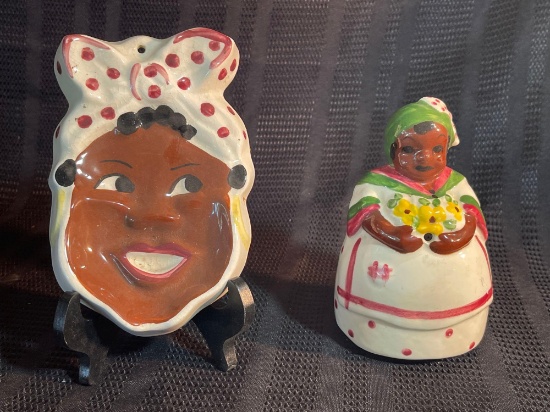 VINTAGE BLACK AMERICANA MAMMY STRING DISPENSER WALL DECORATION, INCLUDES SPOON REST