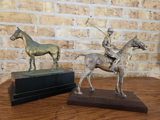 Brass horse sculptures including Polo player