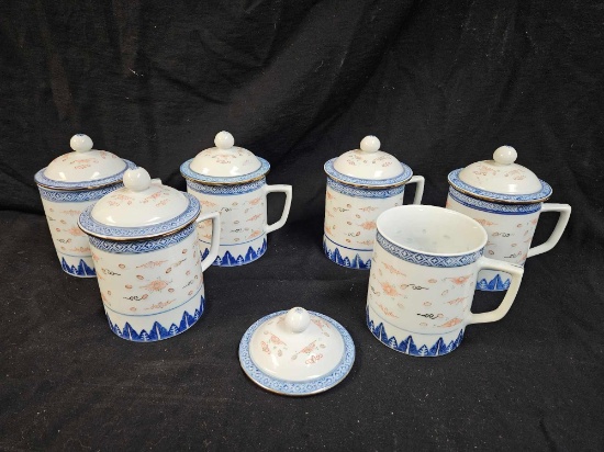 RARE VINTAGE CHINESE Rice Pattern PORCELAIN including Tea Mugs With Lids