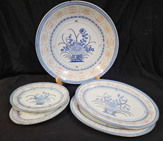 RARE VINTAGE CHINESE Rice Pattern PORCELAIN including 15.5 in. BOWL, 4 PLATTERS