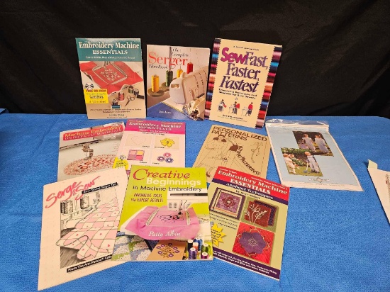 SEWING EMBROIDERY BOOKS INCLUDING SERGER TIPS, SEWING MACHINE MANUALS