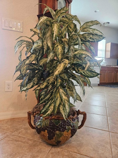 GLAZED POTTERY PLANTER WITH 3 ft FAUX EVERGREEN PLANT