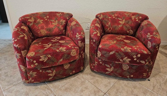 Pair of LOVELY SWIVEL ROCKER TUB CHAIRS, RED UPHOLSTERY