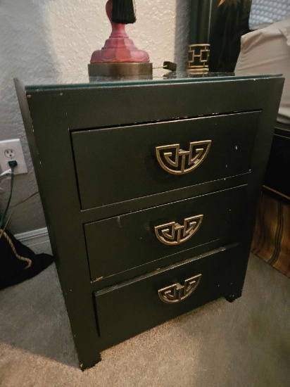 1 of 2 BRASS HANDLED THREE DRAWER BEDSIDE TABLE