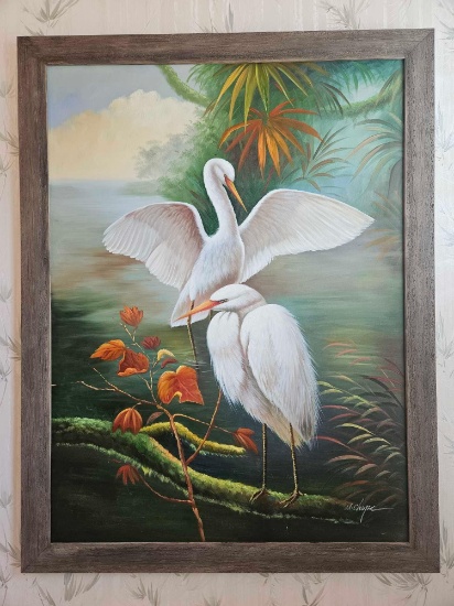 EXTREMELY COMMANDING EXTRA LARGE VIBRANT ORIGINAL OIL ON CANVAS STYLE CRANES, SIGNED